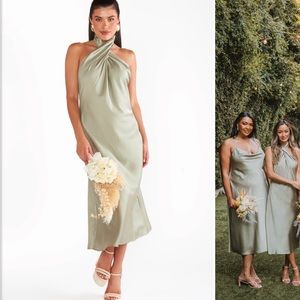 Show Me a your Mumu Jasmine Halter Midi Moss Green Luxe Satin